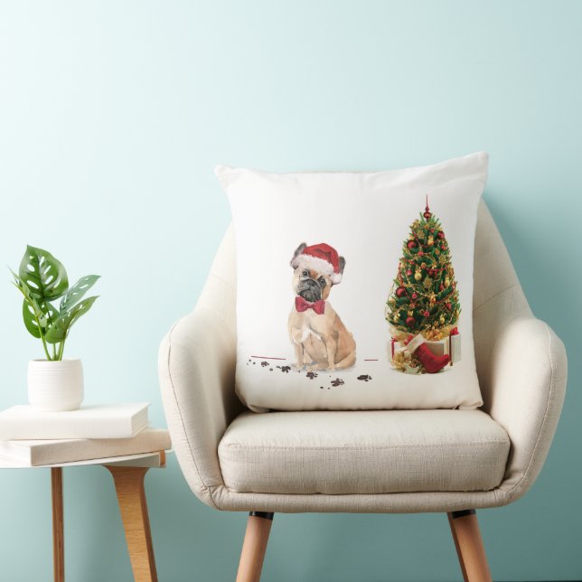 Cojín Decorativo Bulldog francés curioso Navidad perro con árbol (Silla)