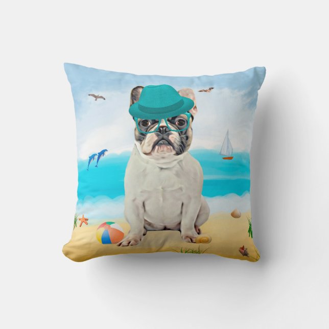 Cojín Decorativo Bulldog francés en la playa (Anverso)