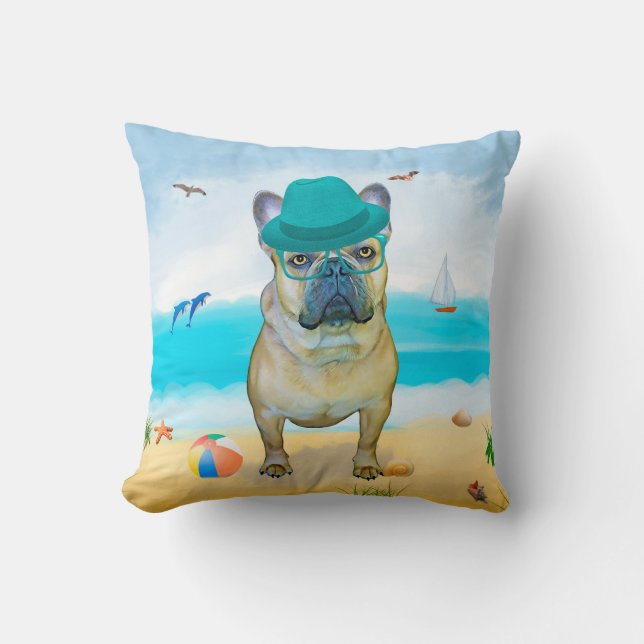 Cojín Decorativo Bulldog francés en la playa (Anverso)