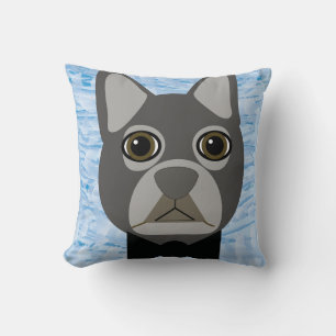 Cojín Decorativo Bulldog francés gris, azul acuarela