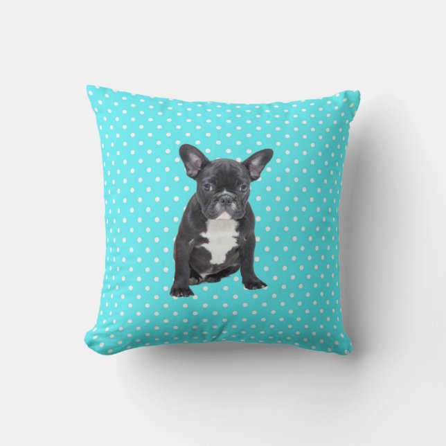Cojín Decorativo Bulldog francés lindo con puntos de polka azul alm (Anverso)