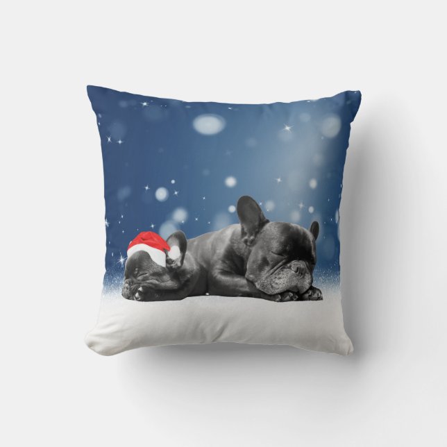 Cojín Decorativo Bulldog francés navidades Cachorros nieve sombrero (Anverso)