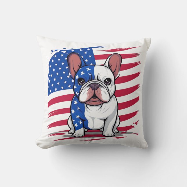 Cojín Decorativo Bulldog francés personalizado con bandera estadoun (Anverso)