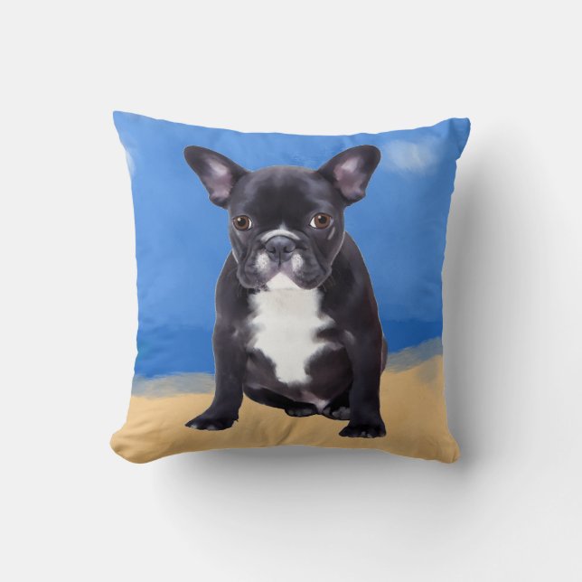 Cojín Decorativo Bulldog francés sentado en la playa (Anverso)
