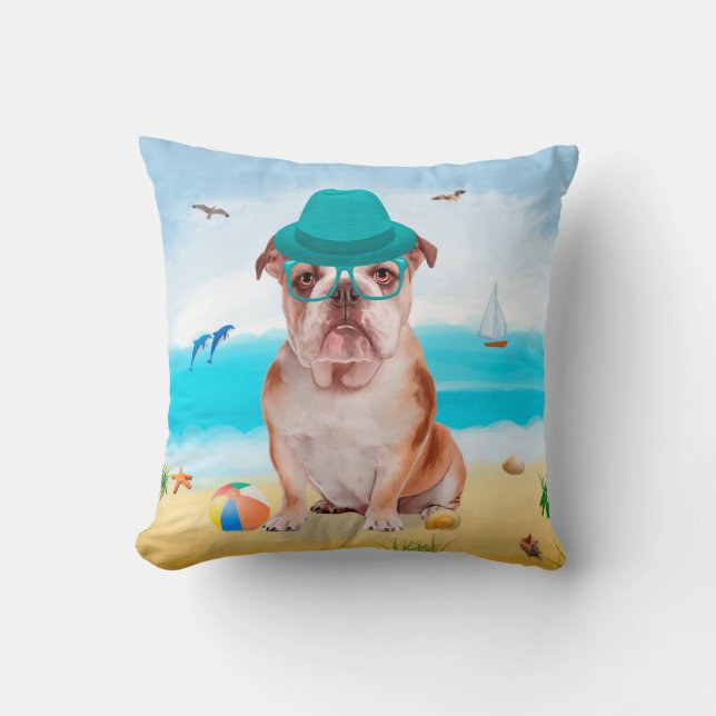 Cojín Decorativo Bulldog inglés en la playa (Anverso)