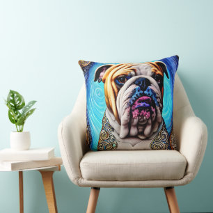 Cojín Decorativo Bulldog luminoso oleada oceánica azul Pointillismo