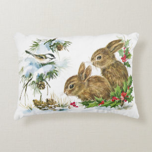 Cojín Decorativo Bunnies y aves disfrutan de la nieve de los Navida