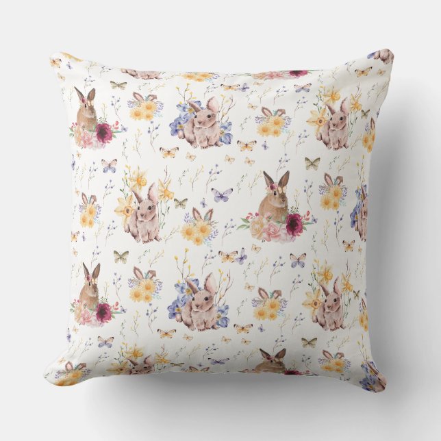 Cojín Decorativo Bunny celebra el Día de Pascua con mariposas (Anverso)