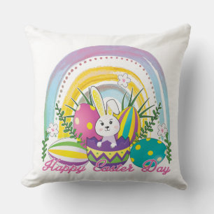 Cojín Decorativo Bunny Feliz Día de Pascua con los colores del arco