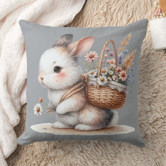 Cojín Decorativo Bunny lindo con flores acuarela arte (Manta)