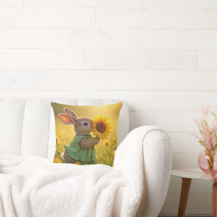 Cojín Decorativo Bunny Sniffing un girasol amarillo
