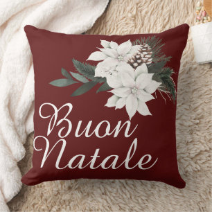 Cojín Decorativo Buon Natale Floral Italiana de Navidad sobre Rojo