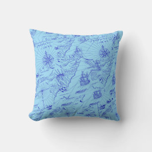 Cojín Decorativo Buques y brújulas de la antigua gráfica azul del m