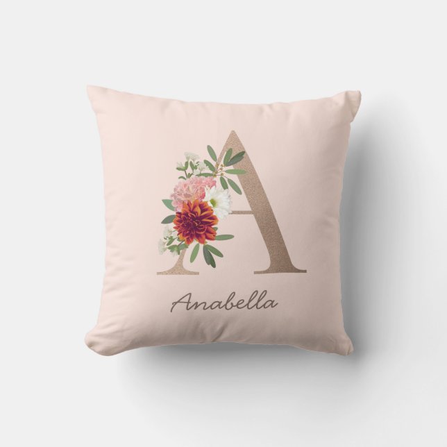 Cojín Decorativo Buquete floral monograma personalizado A (Anverso)
