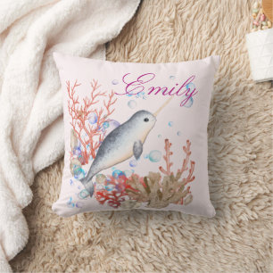 Cojín Decorativo Burbujas coloridas lindo océano bebé Narwhal