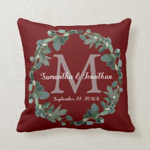 Cojín Decorativo Burgundy Eucalyptus Monograma Boda Keepsake