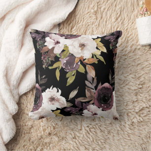 Cojín Decorativo Burgundy Marsala Cream Watercolor Floral Negro