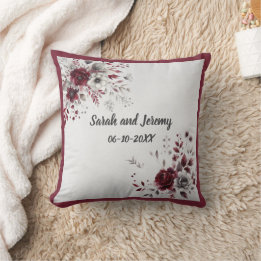 Cojín Decorativo Burgundy Profundo Gris Plateado Acuarela Floral Pe