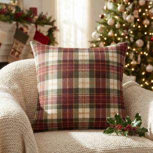 Cojín Decorativo Burgundy Rojo y Verde Plaid de Navidad Tradicional