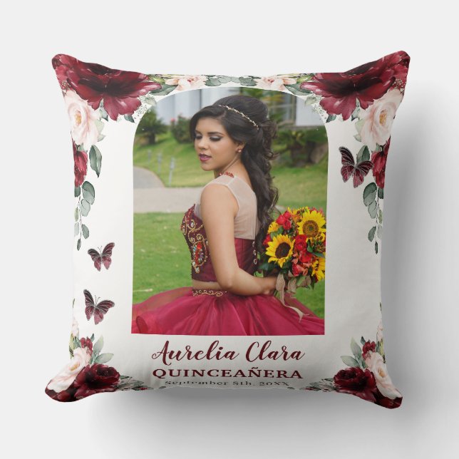 Cojín Decorativo Burgundy Rubor Floral Quinceañera Photo Keepsake (Anverso)