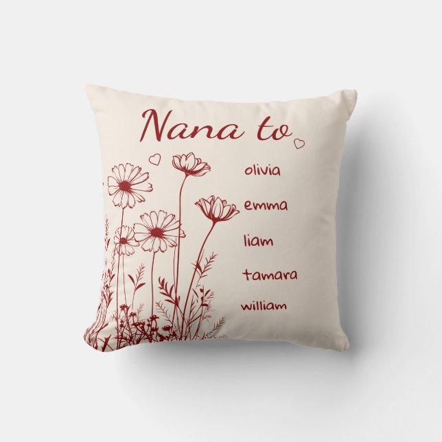 Cojín Decorativo Burgundy Wildflowers Grandchildrens Names Nana (Anverso)