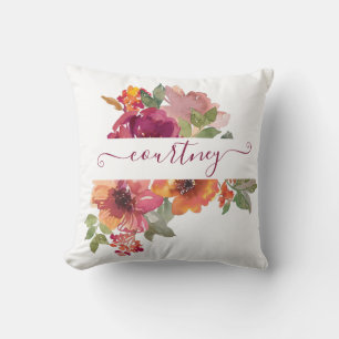 Cojín Decorativo Burgundy y naranja floral personalizado de acuarel