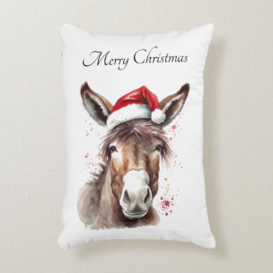 Cojín Decorativo Burro de Navidad con sombrero de Santa en acuarela