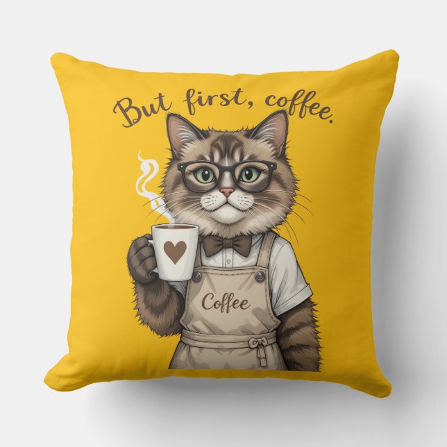 Cojín Decorativo But First, Coffee Cat (Anverso)