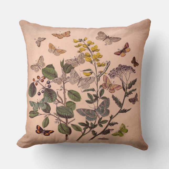 Cojín Decorativo Butterflies frorales botánicos de época rosa rústi (Anverso)