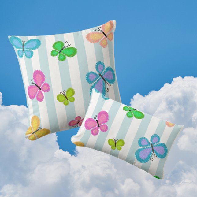 Cojín Decorativo Butterfly Dreams Blue Stripe (Charming colorful folk art butterflies!)