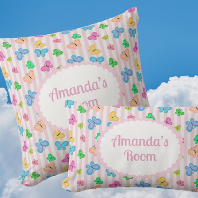 Cojín Decorativo Butterfly Dreams Personalized Pink Stripe  (Personalize these sweet pillows for someone special!)