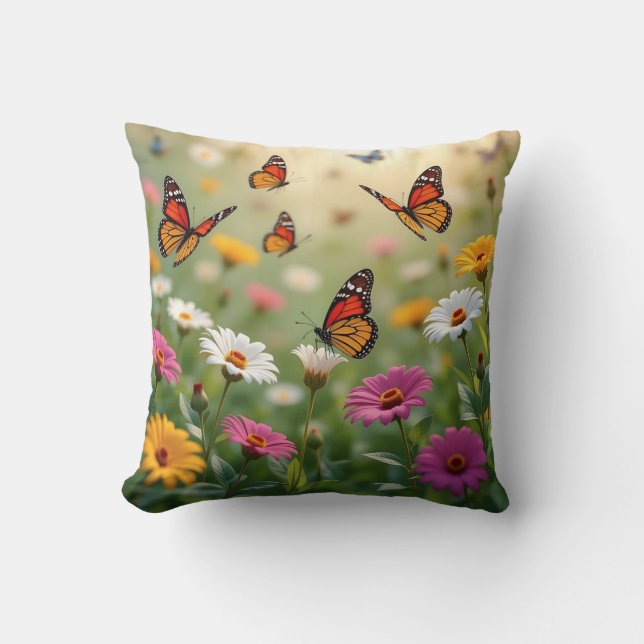 Cojín Decorativo Butterfly Meadow Seamless Pattern Vibrant Flowers (Anverso)