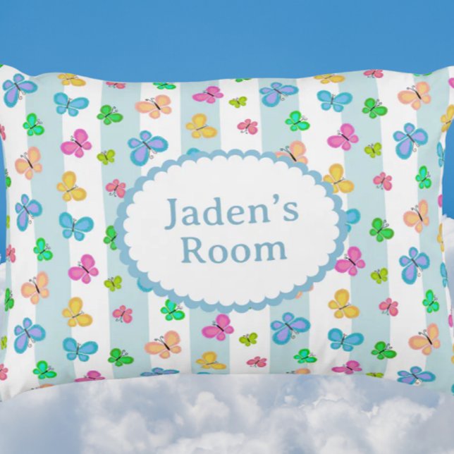 Cojín Decorativo Butterfly Personalized Blue Stripe (Personalize with name or message!)