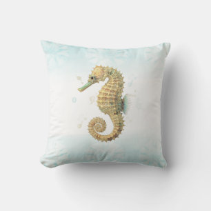 Cojín Decorativo Caballito de mar azul teal y dorado acuarela playa