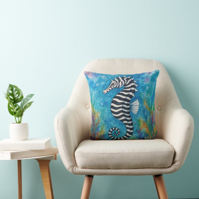 Cojín Decorativo Caballito de mar cebra acuarela (Silla)