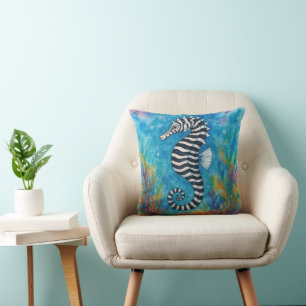 Cojín Decorativo Caballito de mar cebra acuarela