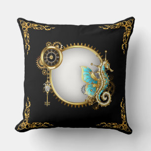 Cojín Decorativo Caballito de mar colorido Steampunk en blanco y do