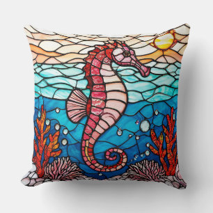 Cojín Decorativo Caballito de mar rosa y coral oceánico