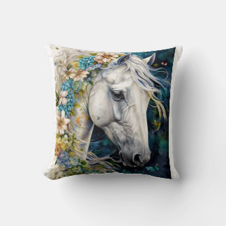 Cojín Decorativo Caballo blanco de fantasía decorado con flores