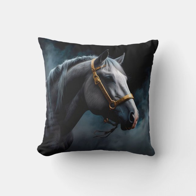 Cojín Decorativo Caballo con fondo negro con tinte azul (Anverso)