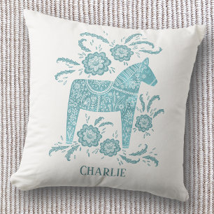 Cojín Decorativo Caballo Dala Sueco Arte Verde Acuático Nombre Pers