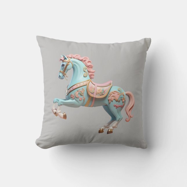 Cojín Decorativo Caballo de carrusel azul y rosa (Anverso)