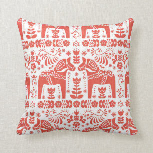 Cojín Decorativo Caballo de Dala, coral y impresión blanca de la