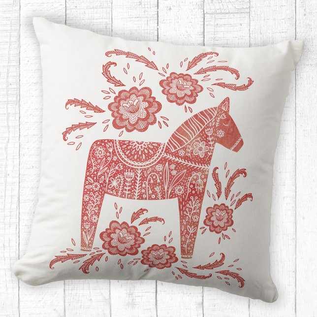 Cojín Decorativo Caballo de dala sueco rojo y blanco (Red and white Swedish Dala Horse pillow)