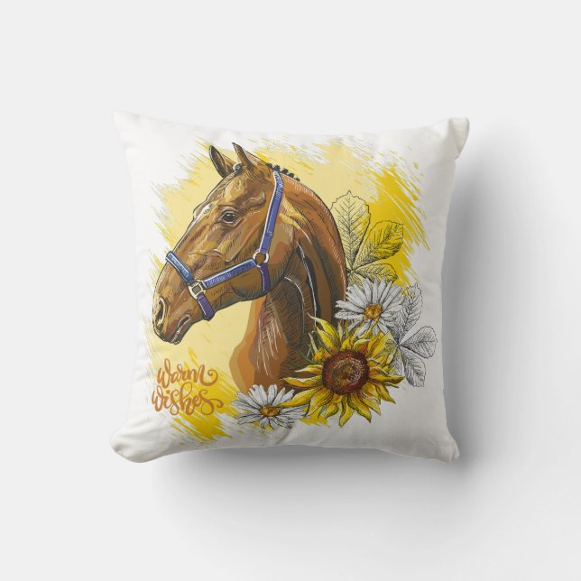 Cojín Decorativo Caballo de dibujo manual con plantas y flores (Anverso)