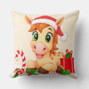 Cojín Decorativo Caballo de dibujos animados de Navidad con sombrer