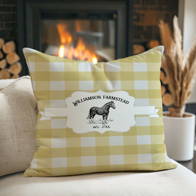 Cojín Decorativo Caballo de granja de búfalo amarillo (Yellow Buffalo Plaid Farm Horse Throw Pillow)
