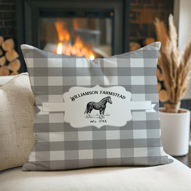Cojín Decorativo Caballo de Granja de Buffalo Gris (Gray Buffalo Plaid Farm Horse Throw Pillow)