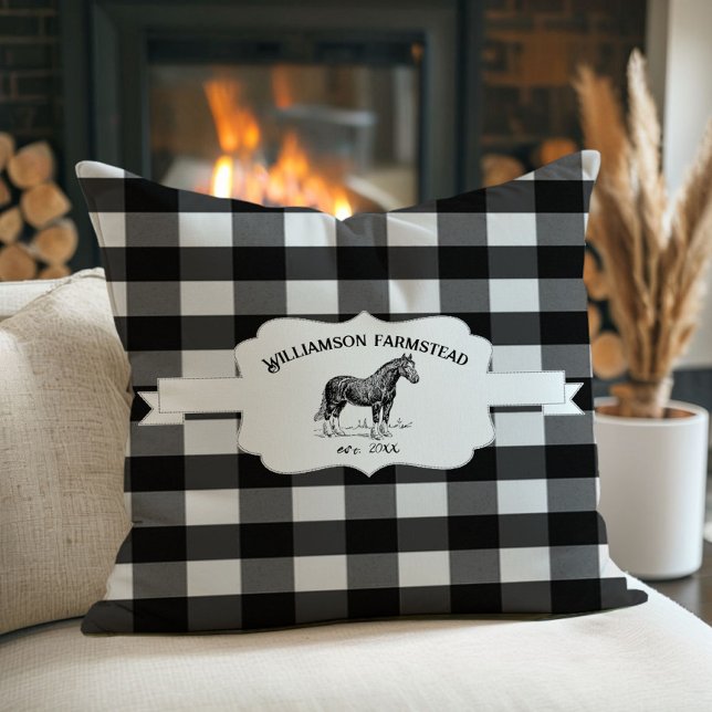 Cojín Decorativo Caballo de Granja de Buffalo Negro (Black Buffalo Plaid Farm Horse Throw Pillow)