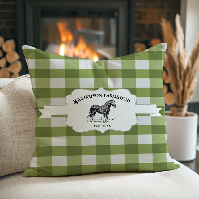 Cojín Decorativo Caballo de Granja de Buffalo Verde (Green Buffalo Plaid Farm Horse Throw Pillow)